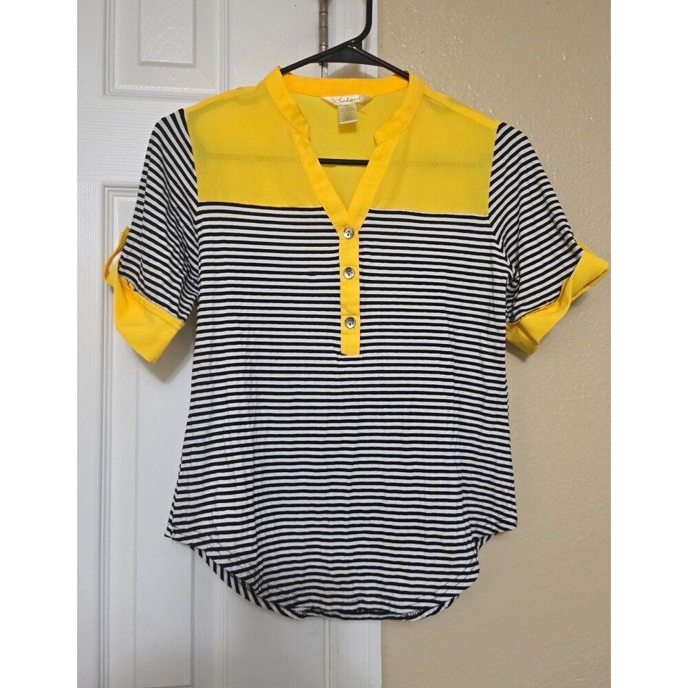 Saloni Women's S Regular Yellow Blue White Striped V-Neck Polo Short Sleeve Top